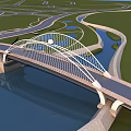 Modern Arch Bridge Design Spanning River With Surrounding Roads And Green Space