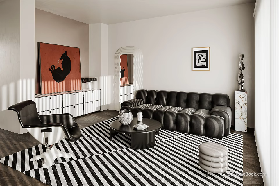 Modern Living Room Interior With Black Leather Sofa Striped Rug Red Artwork And White Sideboard 3d model 