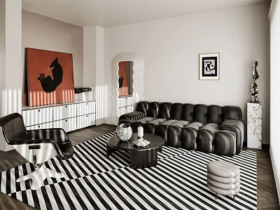 Modern Living Room Interior With Black Leather Sofa Striped Rug Red Artwork And White Sideboard 3d model