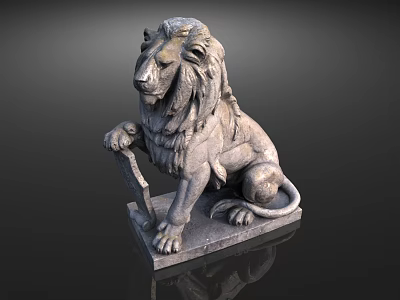 Stone Lion Sculpture Sitting On Base With Claw Resting On Shield 3d model