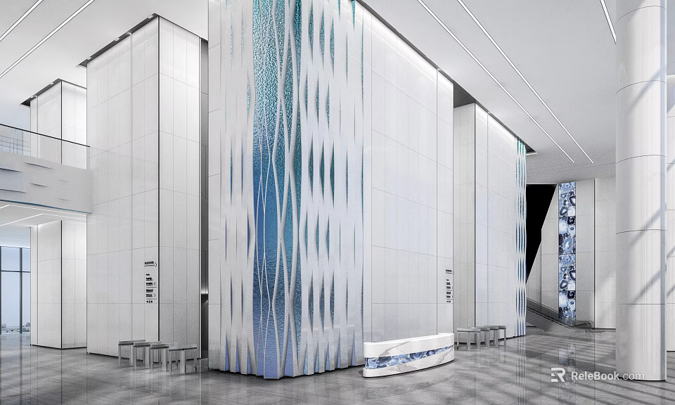 Modern Interior Hall With White Walls Blue Wavy Stripes Sleek Floor And Bench Seats 3d model 