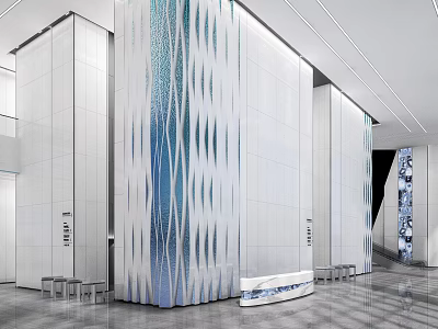 Modern Interior Hall With White Walls Blue Wavy Stripes Sleek Floor And Bench Seats 3d model