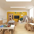 Bright Kindergarten Classroom Interior With Wooden Tables Chairs Play Tent Green Plants And Storage Cabinets