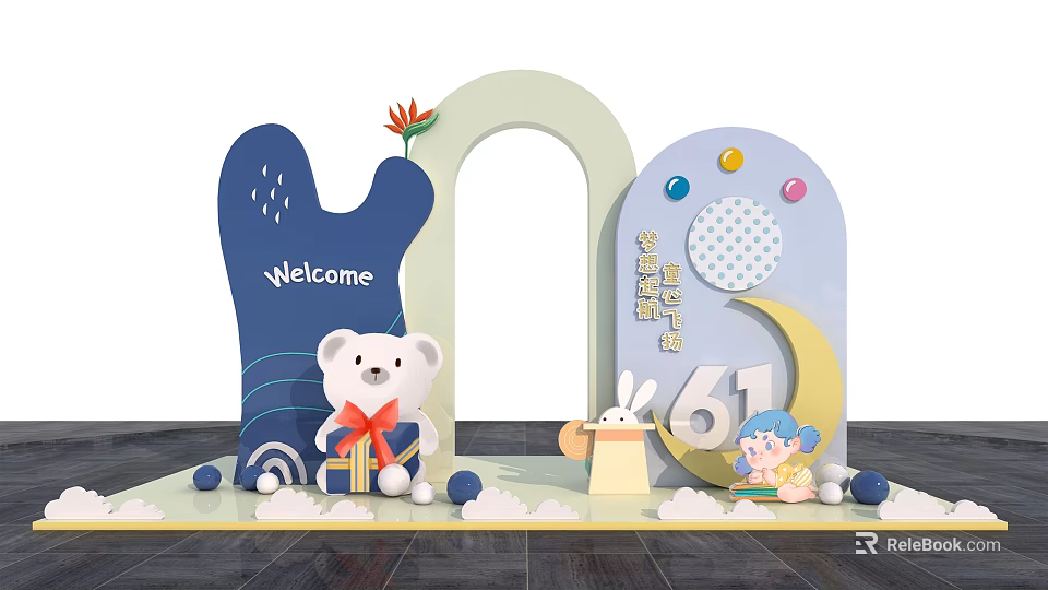 Festive Welcome Decoration With Blue Foot White Bear Moon And 61 Elements 3d model 