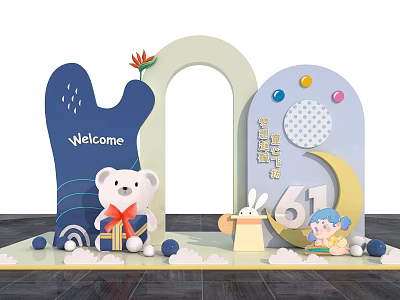 Festive Welcome Decoration With Blue Foot White Bear Moon And 61 Elements 3d model