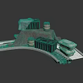 3D Scene Components With Black Boxes Wooden Barrels And Woven Fabric On Metal Platform