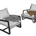 Modern Lounge Chairs With Wooden Frames Light Colored Cushions And Gray Brown Throws 3d model
