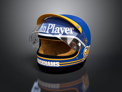 Racing Car Helmet Blue Yellow BRABHAM Branding In Player Text Transparent Visor Brown Interior 3d model