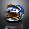 Racing Car Helmet Blue Yellow BRABHAM Branding In Player Text Transparent Visor Brown Interior