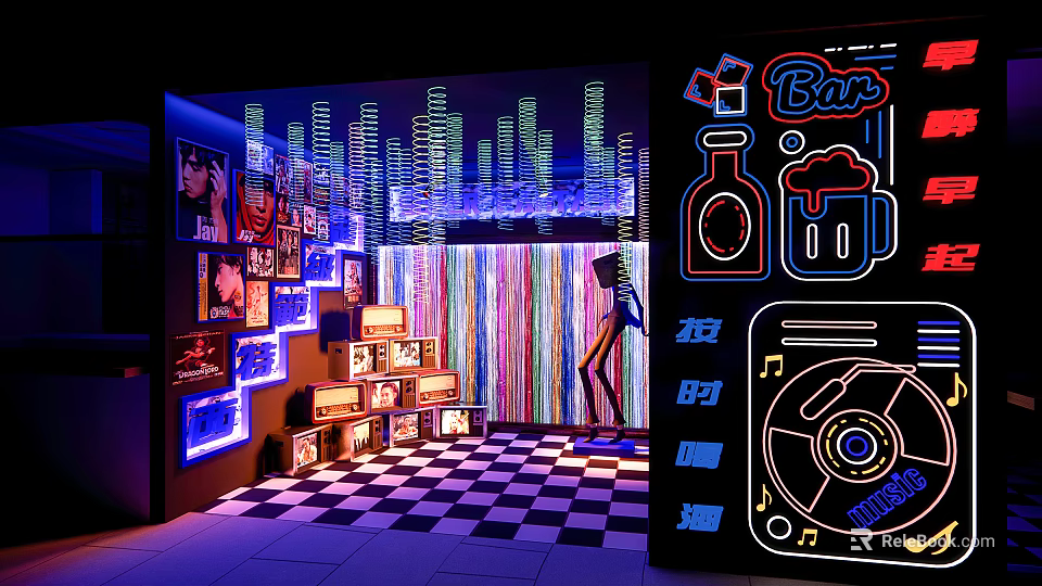 Modern Bar Interior With Neon Lights City Skyline Vinyl Records Wall Posters And Checkered Floor 3d model 