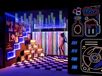 Modern Bar Interior With Neon Lights City Skyline Vinyl Records Wall Posters And Checkered Floor 3d model