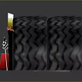 Tire Shaped Living Playhouse With Green Hatted Cartoon Figure Stacked Tires Checkered Flags Red Cabinet