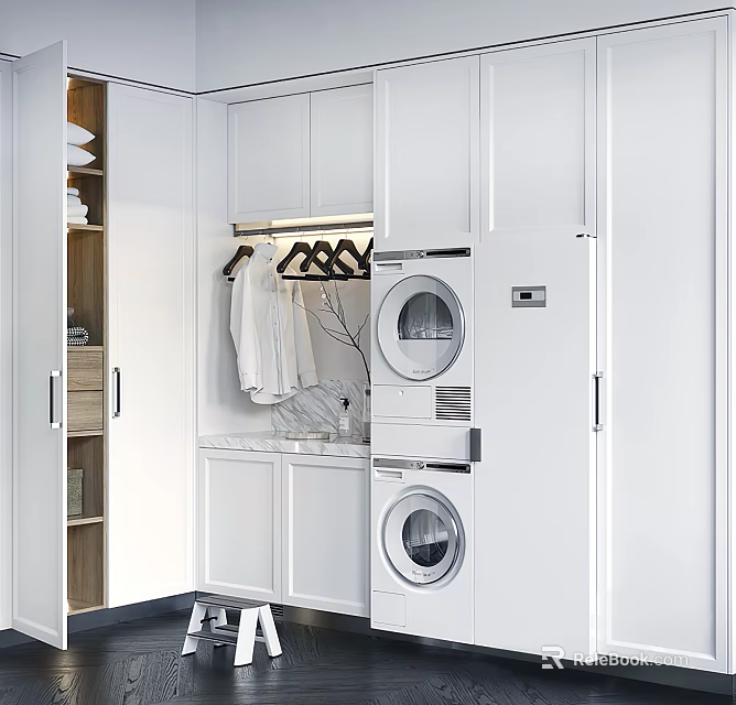 White Modern Wardrobe With Open Storage Hanging Clothes Washing Machine And Dryer 3d model 
