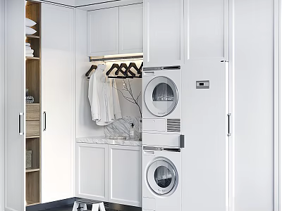 White Modern Wardrobe With Open Storage Hanging Clothes Washing Machine And Dryer 3d model