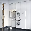 White Modern Wardrobe With Open Storage Hanging Clothes Washing Machine And Dryer