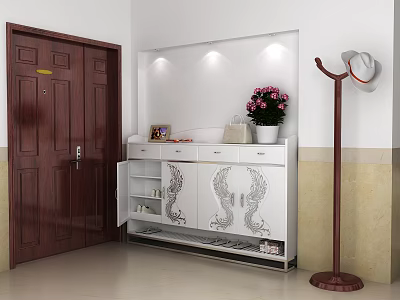 White Shoe Cabinet With Decorative Patterns Open Shelves Near Coat Rack And Potted Flowers 3d model