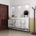 White Shoe Cabinet With Decorative Patterns Open Shelves Near Coat Rack And Potted Flowers