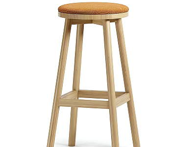 Wooden Bar Stool With Orange Padded Seat Simple Modern Design For Home Bar 3d model