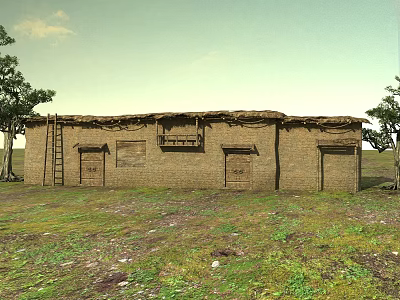 Traditional Adobe House With Thatched Roof Two Doors Several Windows And Trees On Grassland 3d model