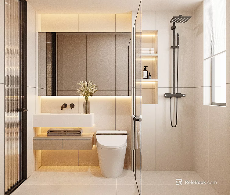 Modern Bathroom Interior With Large Mirror Vanity Toilet Glass Shower And Warm Lighting 3d model 