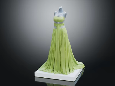 Elegant Green Strapless Long Dress With Decorated Waist And Flowy Skirt On Mannequin 3d model