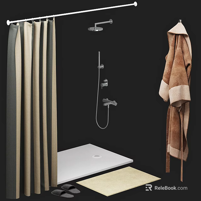 Bathroom Accessories Featuring Shower Fixtures Curtain And Bathrobe 3d model 