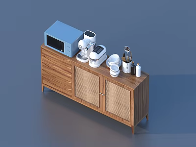 Stylish Wooden Kitchen Cabinets With Rattan Doors Microwave Coffee Machine Cups And Bottles 3d model