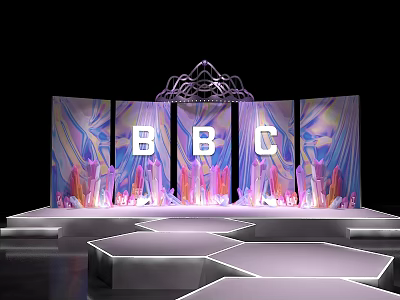 BBC Themed Stage Design With Colorful Gradient Backdrop Crystal Decorations And Geometric Steps 3d model