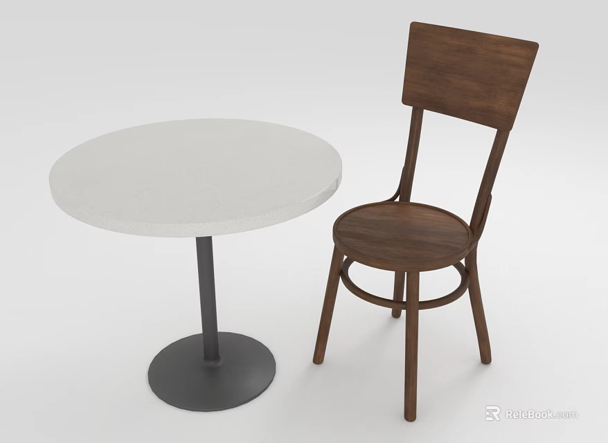 Simple Home Furniture Round White Table With Black Base And Brown Wooden Chair 3d model 