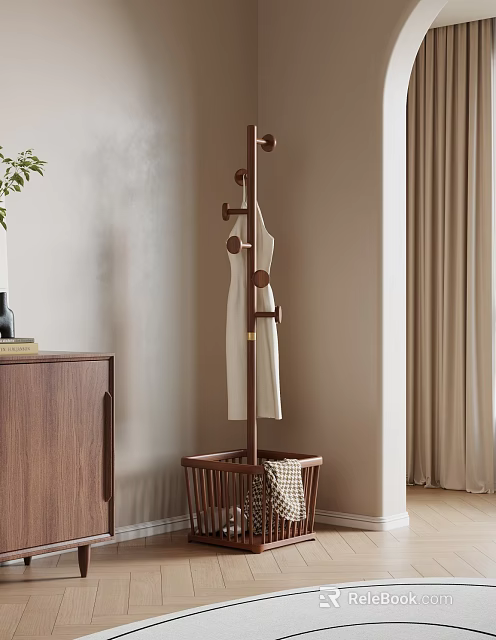 Modern Wooden Coat Rack with Clothes and Basket in Minimalist Room 3d model 