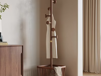 Modern Wooden Coat Rack with Clothes and Basket in Minimalist Room 3d model