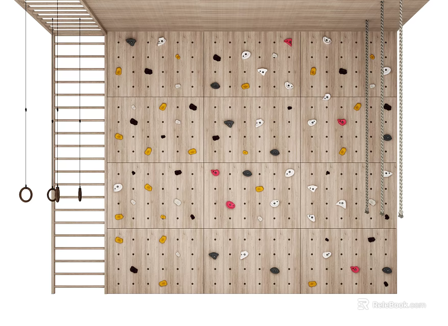 Indoor Wooden Climbing Wall With Colorful Holds Ladder And Rope Design Features 3d model 