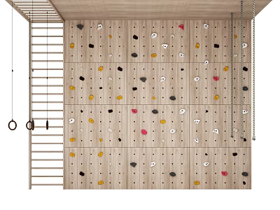 Indoor Wooden Climbing Wall With Colorful Holds Ladder And Rope Design Features 3d model