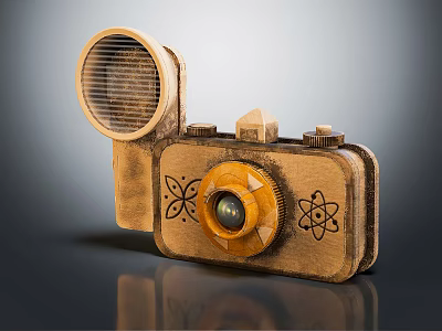 Handcrafted Wooden Digital Camera With Round Lens Grill Component And Atomic Symbols Design 3d model