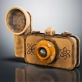 Handcrafted Wooden Digital Camera With Round Lens Grill Component And Atomic Symbols Design