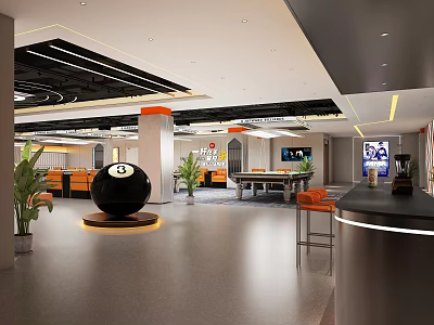 Modern Billiard Room With Black Eight Ball Pool Tables And Orange Seats 3d model