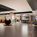 Modern Billiard Room With Black Eight Ball Pool Tables And Orange Seats