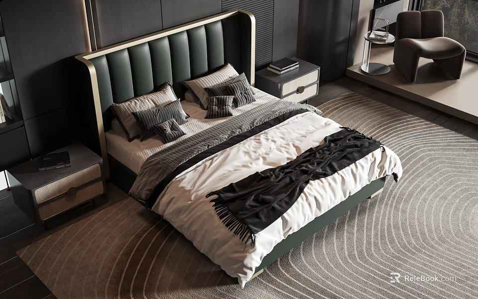 Modern Bedroom Double Bed With Green Upholstered Headboard White Gray Bedding Nightstands And Area Rug 3d model 
