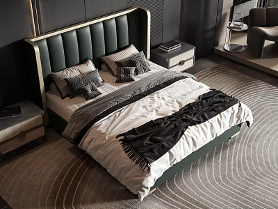 Modern Bedroom Double Bed With Green Upholstered Headboard White Gray Bedding Nightstands And Area Rug 3d model