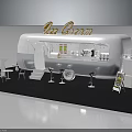 Ice Cream Trailer With White Exterior Tables Chairs Bar Stools And Menu Board