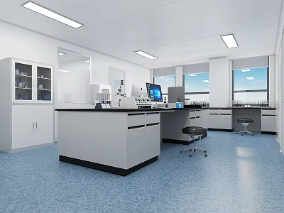 Modern Laboratory Setup With Workbenches Equipment Stools And Large Windows 3d model