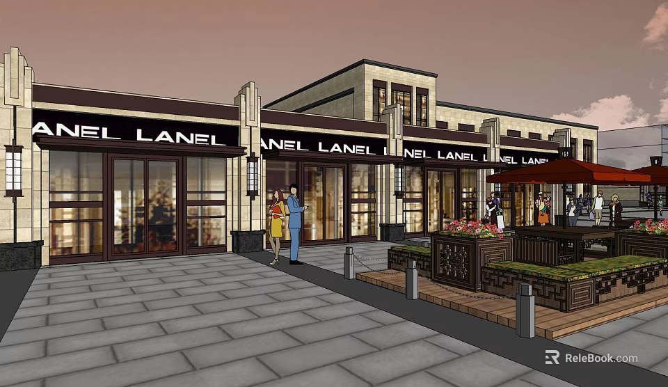 Modern Commercial Street With Shops Pedestrians Stone Pavement And Flower Beds 3d model 
