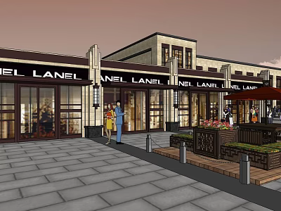 Modern Commercial Street With Shops Pedestrians Stone Pavement And Flower Beds 3d model