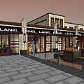 Modern Commercial Street With Shops Pedestrians Stone Pavement And Flower Beds