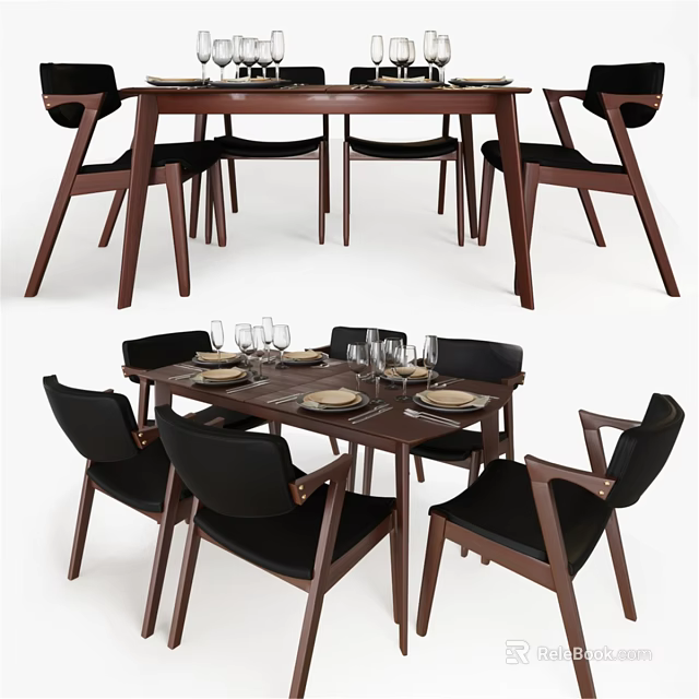 Modern Wooden Dining Table and Chair Set with Black Seats Plates and Glasses 3d model 
