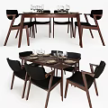Modern Wooden Dining Table and Chair Set with Black Seats Plates and Glasses