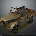 Vintage Rusty Old Jeep With Open Top And Worn Tires On Grass