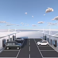 Electric Vehicle Charging Station With Canopy Structures Parked SUV Sedan And Charging Ports