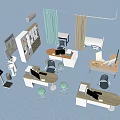Modern Office Desk Workstations With Ergonomic Chairs Computer Monitors And Lamps