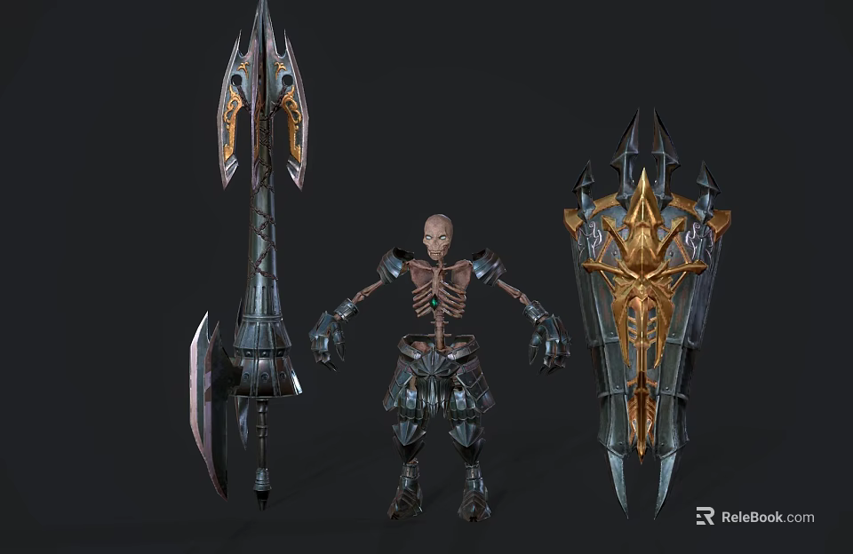 Game Movie Character Fantasy Skeleton Warrior In Detailed Armor With Spiked Spear And Ornate Shield 3d model 